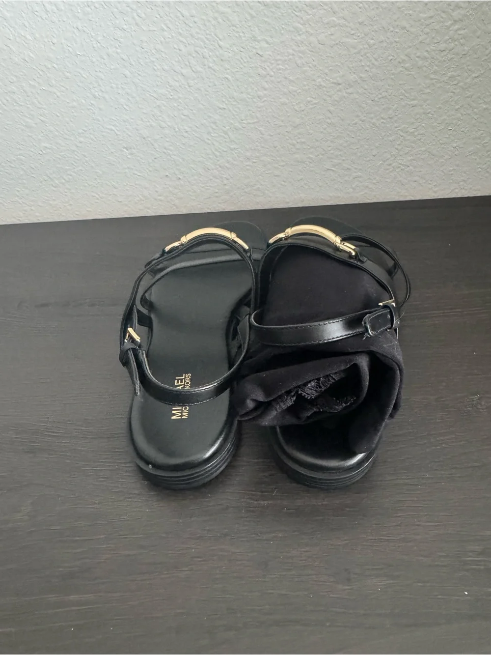 Michael Kors Black Leather Strappy Sandals with Gold Hardware